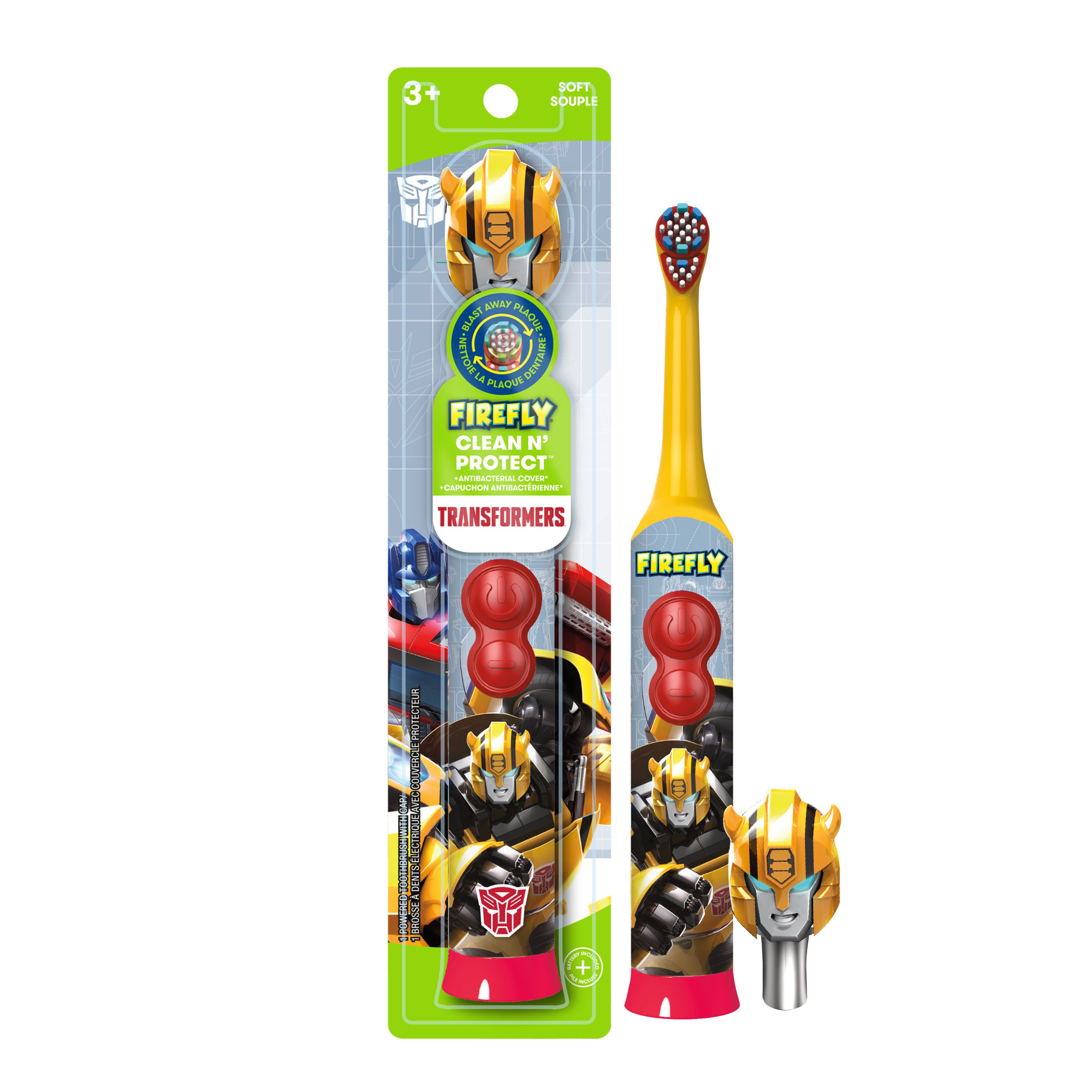 Firefly Clean N' Protect, Transformers Toothbrush with Fun 3D Antibacterial Character Cover, Soft Compact Brush Head, Ergonomic Handles for Small Hands, Battery Included, Ages 3+, 1 Count - image 1 of 8