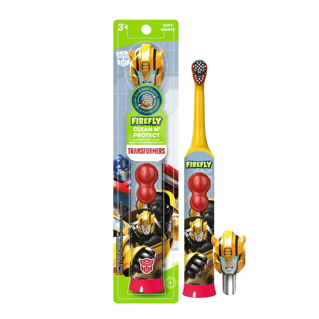 Firefly Clean N' Protect, Transformers Toothbrush with Fun 3D Antibacterial Character Cover, Soft Compact Brush Head, Ergonomic Handles for Small Hands, Battery Included, Ages 3+, 1 Count