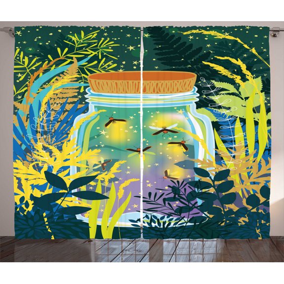 Ambesonne Firefly Curtains 2 Panel Set, Surreal Forest Landscape, 108" x 90", Multicolor
