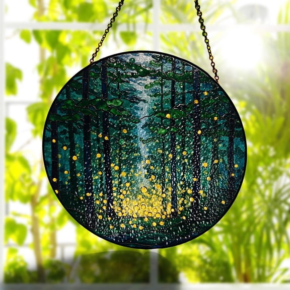 Firefly Forest Glass Suncatcher, Nature Landscape Window Hanging, Cozy Night Glow Home Décor
