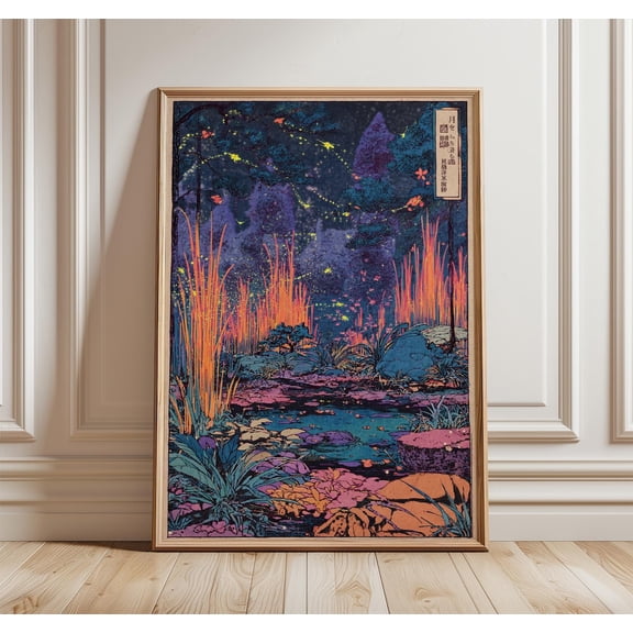 Firefly Forest Japanese Inspired Vibrant Nature Landscape Wall Art Unframed Paper Print