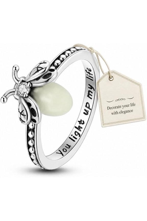 Firefly Glow Ring S925 Silver, Luminous Nature-Inspired Zircon Glow in the Dark Rings Jewelry for Women Ring Size 6-9