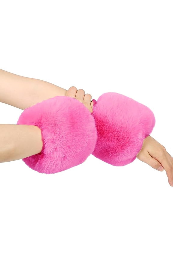 1 Pair Women's Faux Fur Wrist Cuffs, Fluffy Plush Warm Short Arm Warmers Fuzzy Oversleeve Gloves for Costumes & Winter Daily Wear, Rose