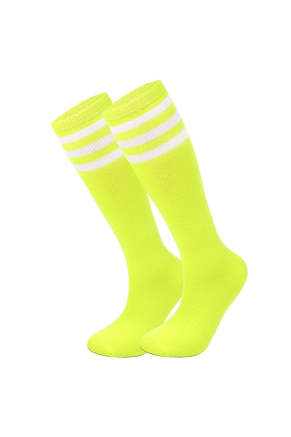 1 Pair Womens Knee High Athletic Socks, Breathable Soft Blend Thigh High Stockings for Daily Sports & Casual Wear, Fluorescent Yellow White Stripes