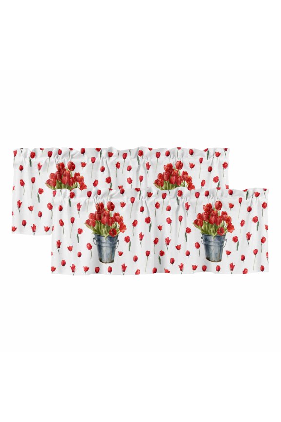 2 Pack Valances for Windows 42 x 12 Inch, Red Tulip Flowers Decorative Kitchen Curtain Valance, Spring Floral Vintage Drum Rustic Rod Pocket Short Curtains Window Treatment for Bathroom/Cafe
