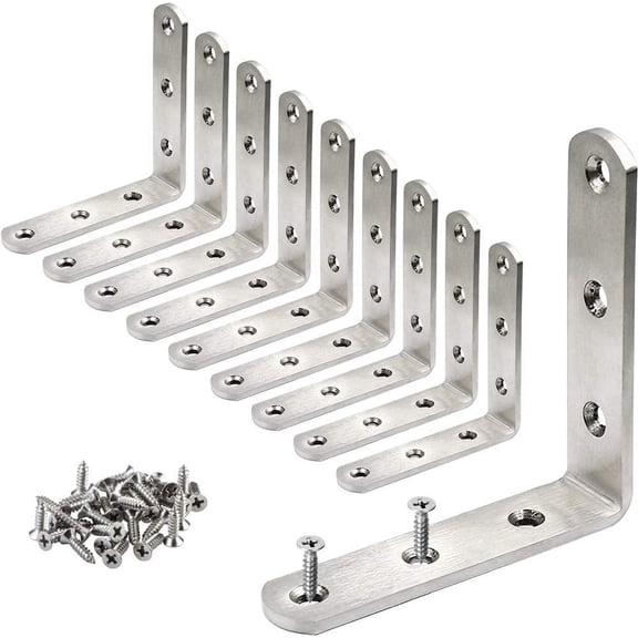 Firefly Hope 10 Pack 33 Inch Heavy Duty Stainless Steel L Brackets, Silver Right Angle Corner Braces, Solid Metal Joint Supports for Wood Shelf Corner Mount Installation