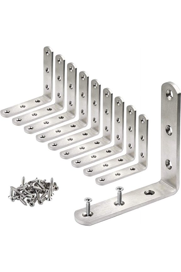 10 Pack 33 Inch Heavy Duty Stainless Steel L Brackets, Silver Right Angle Corner Braces, Solid Metal Joint Supports for Wood Shelf Corner Mount Installation