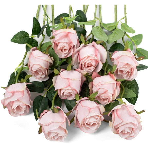 Firefly Hope 10-Pack Light Pink Long Stemmed Faux Silk Roses, Artificial Flowers for DIY Wedding Bouquets & Home Decor