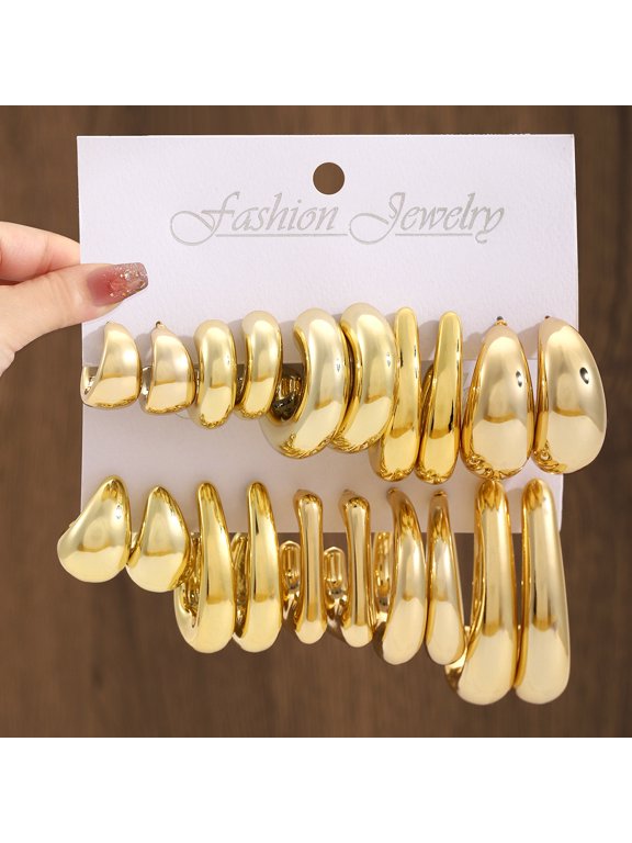 10 Pair Trendy Plated Hollow Tube Circle Ear Loops, Lightweight Chunky Large Gold Tone Hoops, Ear Jewelry Multipack for Women Daily Outfits, Golden A