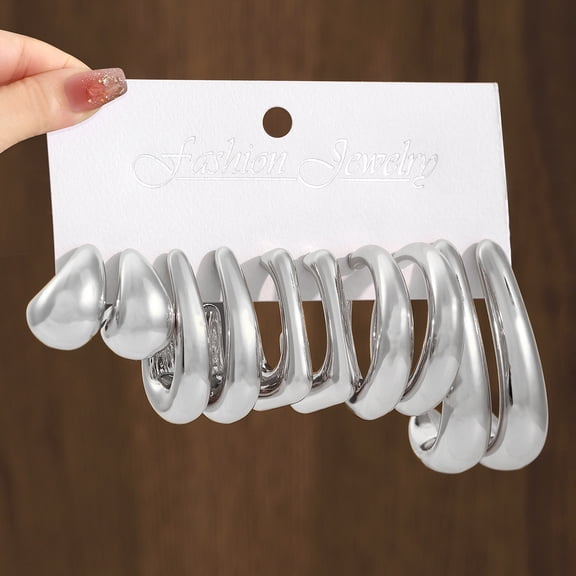 Firefly Hope 10 Pair Trendy Plated Hollow Tube Circle Ear Loops, Lightweight Chunky Large Silver Tone Hoops, Ear Jewelry Multipack for Women Daily Outfits, Silver B