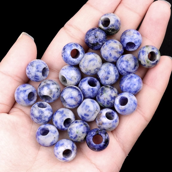 Firefly Hope 10 Pcs 12mm Round Natural Gemstone Loose Beads, 5mm Big Hole for DIY Jewelry Making, Bracelets & Macrame Projects, Blue Spot