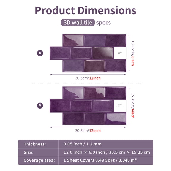 Firefly Hope 12-Sheet 6"12" Peel and Stick Subway Tiles, Waterproof Self-Adhesive Backsplash for Kitchen & Bathroom DIY Decor, Purple