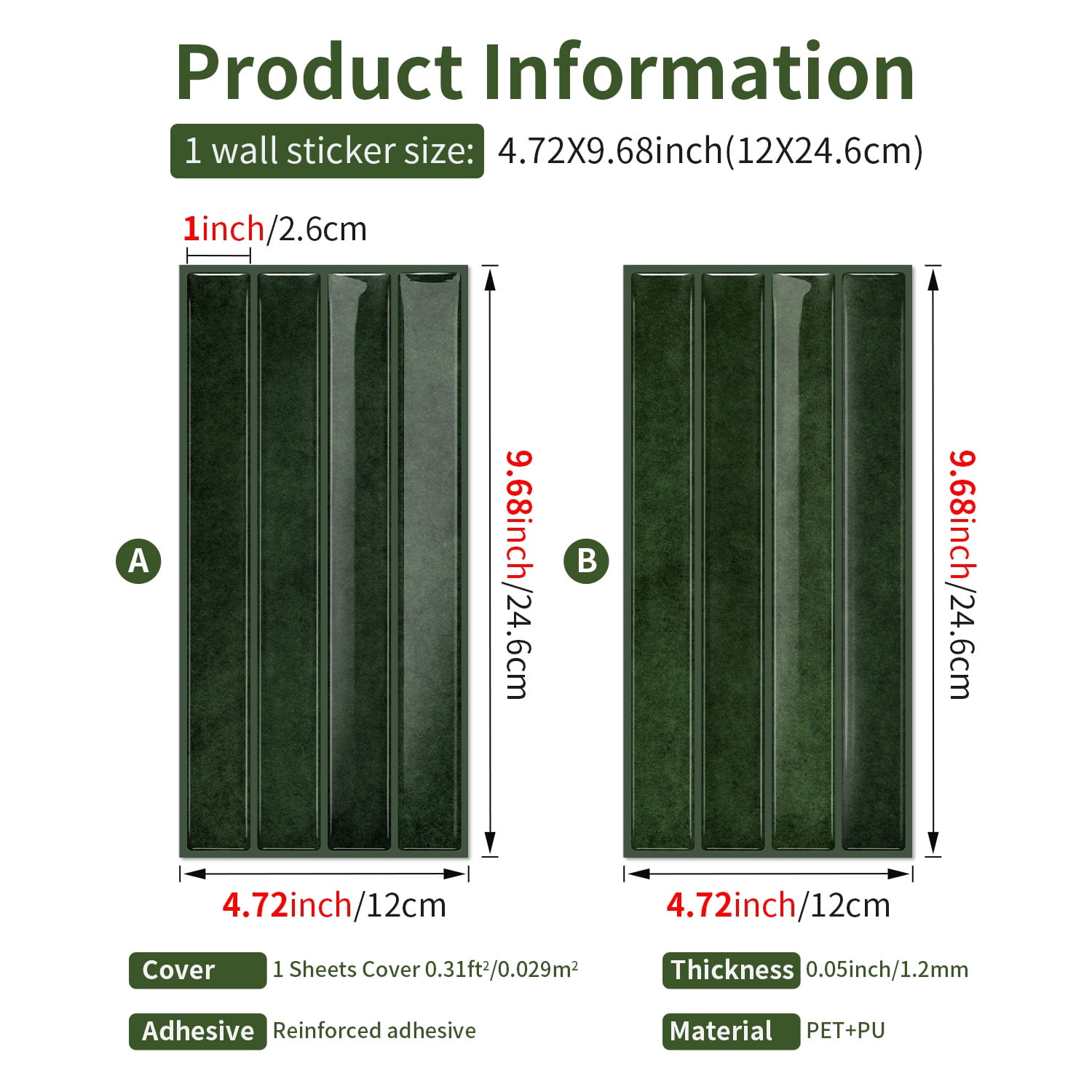 Firefly Hope 12-Sheet 9.7"×4.7" Stacked 3D Handmade Look Peel and Stick Backsplash, Waterproof Self-Adhesive Wall Tiles for Kitchen & Bathroom DIY Decor, Dark Green