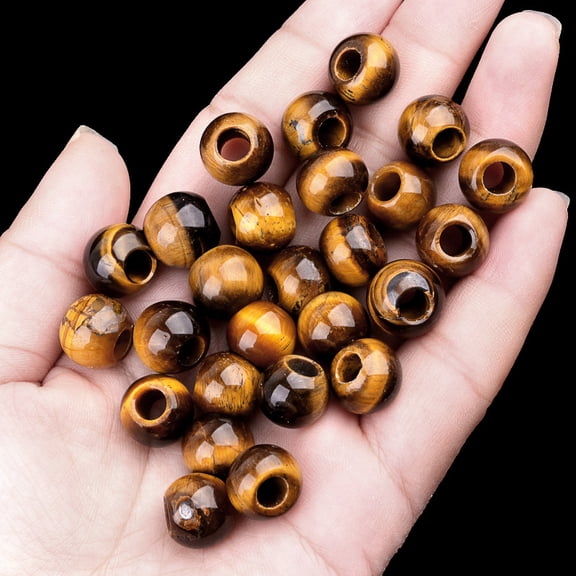 Firefly Hope 15 Pcs 12mm Round Natural Gemstone Loose Beads, 5mm Big Hole for DIY Jewelry Making, Bracelets & Macrame Projects, Tiger Eye