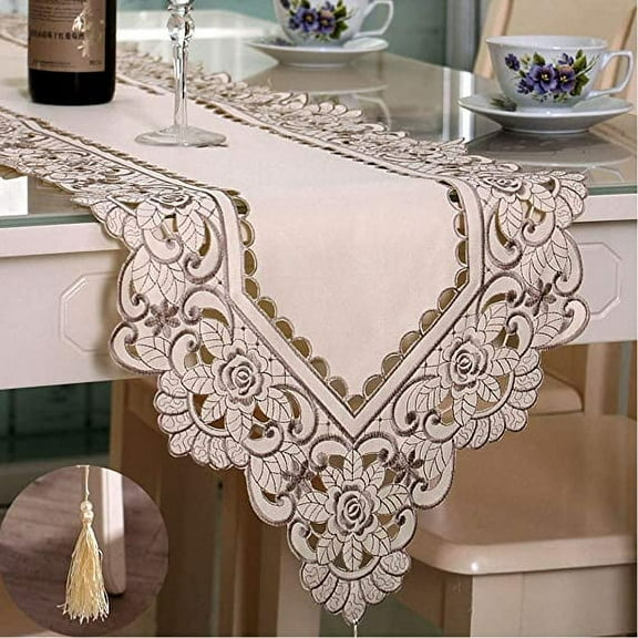 Firefly Hope 15" x 86" Vintage Brown Table Runner, Classic Flower Embroidery for Dresser, Kitchen, Dining, Parties, Weddings & Home Decor Tapestry, White A