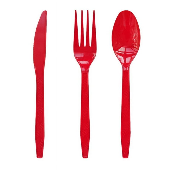 NAMZI 150 Piece Heavy-Duty Disposable Plastic Cutlery Set, 50 Forks + 50 Knives + 50 Spoons, Ideal for Home, Office, School, Parties, Picnics & Restaurant Events (Red)