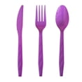 thumbnail image 1 of NAMZI 150 Piece Heavy-Duty Disposable Plastic Cutlery Set, 50 Forks + 50 Knives + 50 Spoons, Ideal for Home, Office, School, Parties, Picnics & Restaurant Events (Purple), 1 of 4