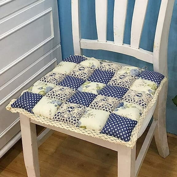 Firefly Hope 16"x16" Patchwork Chair Pad with Ties, Non-Slip Chair Cushion with Lace Trim, Farmhouse Floral Print for Kitchen Dining Seat, Blue B