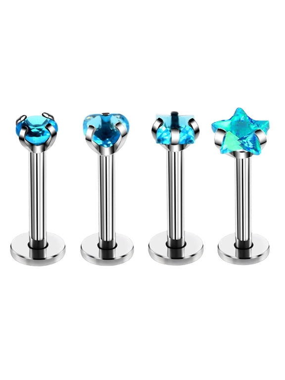 16G 3*6mm Internally Threaded in Lip Rings Stainless Steel Flat Back Nose Rings Studs Tragus Helix Conch Cartilage Lobe Earrings Stud Piercing JewelryBlue A 4PCS
