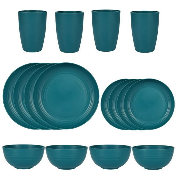 Firefly Hope 16pcs 4 Person Wheat Straw Dinnerware Set, Lightweight Unbreakable Plates & Bowls, Eco-Friendly Plastic Camping Dish Set with Dishwasher Safe Design for Outdoor & Daily Use,Dark Green