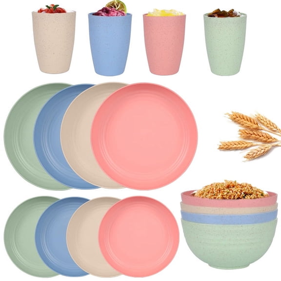 Firefly Hope 16pcs 4 Person Wheat Straw Dinnerware Set, Lightweight Unbreakable Plates & Bowls, Eco-Friendly Plastic Camping Dish Set with Dishwasher Safe Design for Outdoor & Daily Use,Multicolour A