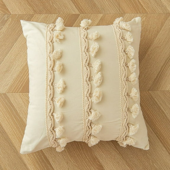 Firefly Hope 17.7*17.7in Beige Minimalist Tassel Geometric Pattern Decorative Pillow, Soft Home Accent Cushion for Living Room Sofa Decor (three horizontal tassels)