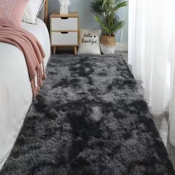 Firefly Hope 19.69x31.5in Tie-Dye Shaggy Runner Rug, Soft Plush Fluffy Indoor Area Rug, Non-Shedding Furry Carpet for Bedroom Hallways & Home Decor, Black