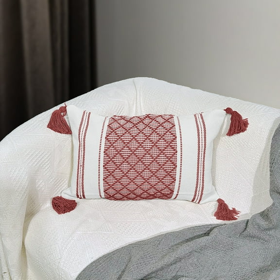 Firefly Hope 1Pcs 17.711.8in Rectangular Lumbar Pillow, Simple Thickened Jacquard Tassel Accent Pillow for Sofa & Home Decoration, Red