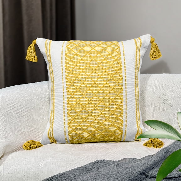 Firefly Hope 1Pcs 45*45CM Simple Thickened Jacquard Tassel Decorative Pillow, Sofa Accent Pillow for Home Decoration, Yellow