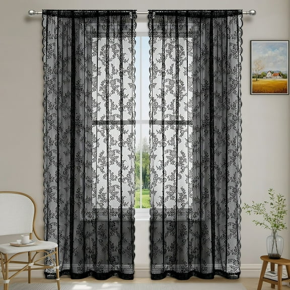 Firefly Hope 1panel Sheer Lace Curtains, Elegant Floral Design with Scalloped Edges, 29.5"W x 59.1"L Rod Pocket Panels for Bedroom & Kitchen, Black