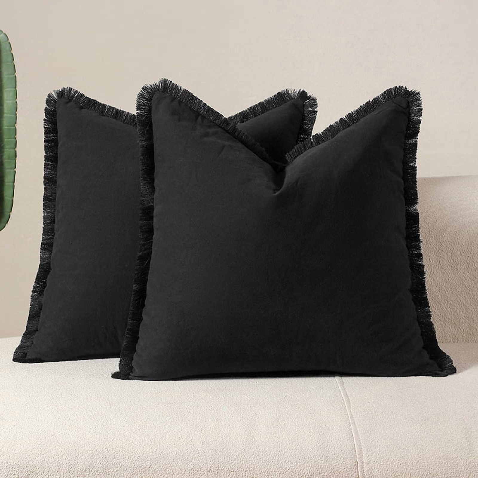 Firefly Hope 2-Pack 45*45cm Boho Farmhouse Linen Fringe Throw Pillows, Washed Cotton Tasseled Soft Accent Cushions for Couch & Bed, Black
