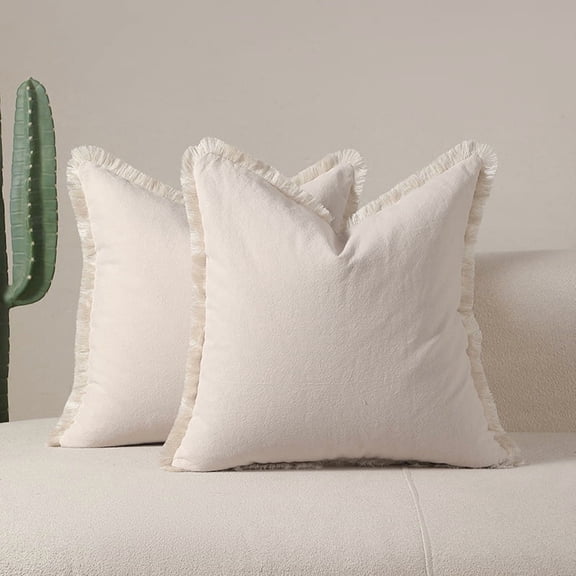 Firefly Hope 2-Pack 50*50cm Boho Farmhouse Linen Fringe Throw Pillows, Washed Cotton Tasseled Soft Accent Cushions for Couch & Bed, Beige