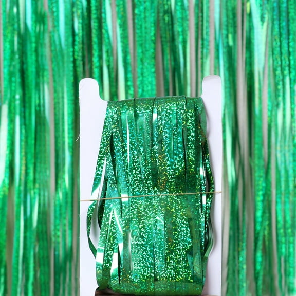 Firefly Hope 2 Pack Green Shimmer Foil Fringe Backdrop Curtains, 3.28x6.56ft Door Streamers, Festive Decor for Birthday, Wedding, Christmas, Graduation & Holiday Parties