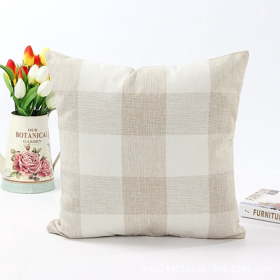 Firefly Hope 2 Piece 17.7" x 17.7" Retro Farmhouse Buffalo Plaid Pillow Cover, Cotton Linen Outdoor Decorative Throw Pillow Case for Sofa, Beige