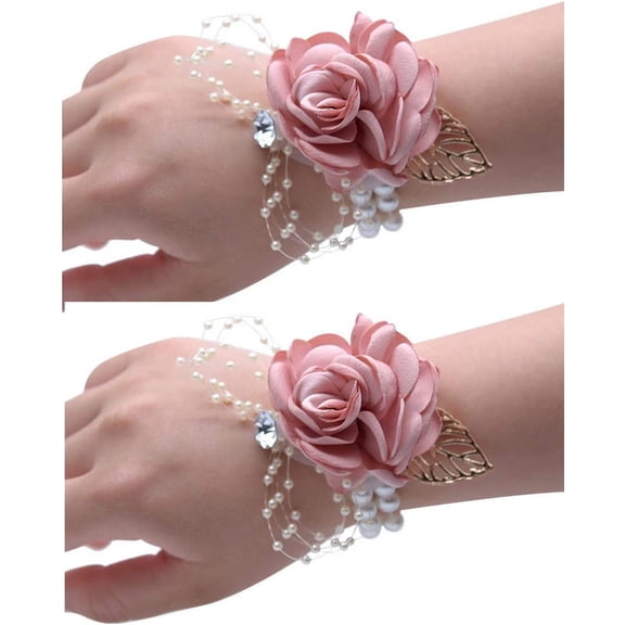 Firefly Hope 2-Piece Elegant Artificial Silk Flower Wedding Wrist Corsages, Faux Pearl Stretch Wristband Bridesmaid Hand Flowers for Bridal Shower, Wedding Ceremony & Anniversary Decorations