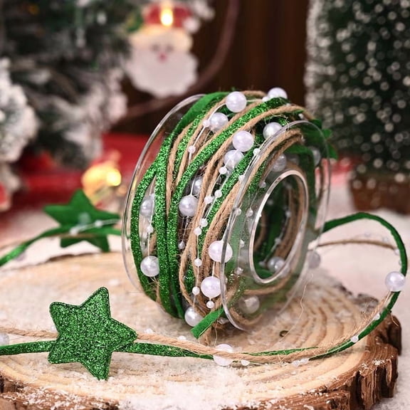 Firefly Hope 2 Roll 5 Yard Christmas Beads Ribbon, Xmas Tree Trim Rope for Garland, Wreath & Gift Wrapping Decor, Green