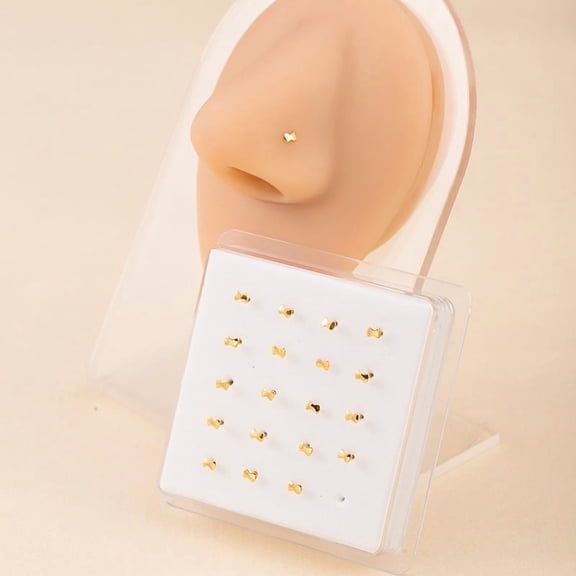 Firefly Hope 20Pcs Hypoallergenic Direct-Entry Straight Nose Studs & Rings - Unisex Nostril Piercing Jewelry for Women & Men, Golden C