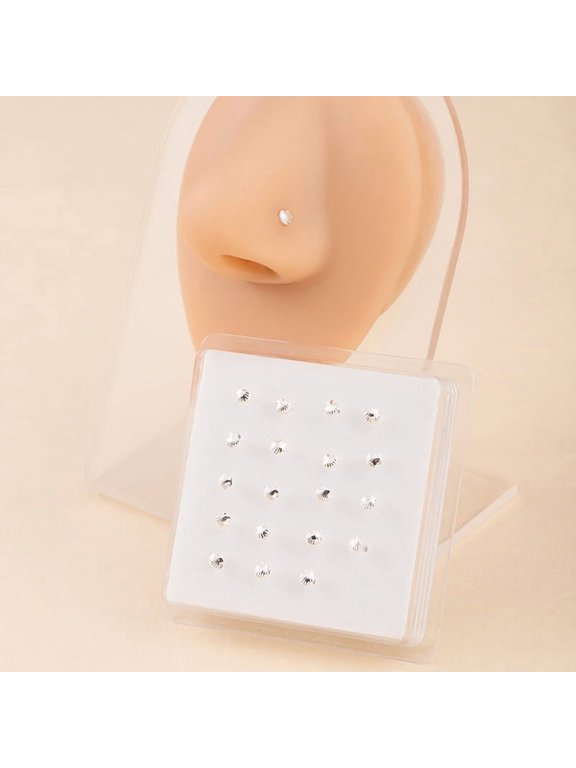 20Pcs Hypoallergenic Direct-Entry Straight Nose Studs & Rings - Unisex Nostril Piercing Jewelry for Women & Men, Silver B