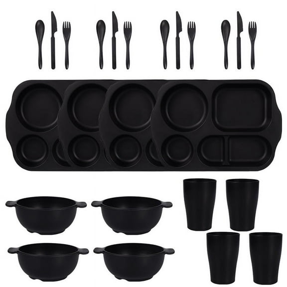 Firefly Hope 24Pcs Wheat Straw Dinnerware & Cutlery Set, Unbreakable Divided Plates & Bowls, Eco-Friendly Tableware with Microwave & Dishwasher Safe Design -Black