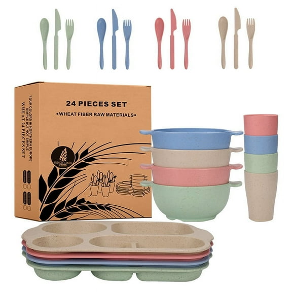 Firefly Hope 24Pcs Wheat Straw Dinnerware & Cutlery Set, Unbreakable Divided Plates & Bowls, Eco-Friendly Tableware with Microwave & Dishwasher Safe Design -Multicolour C
