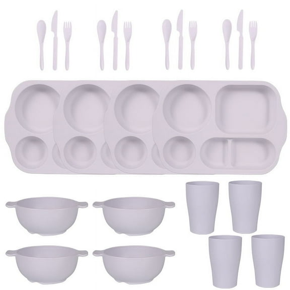 Firefly Hope 24Pcs Wheat Straw Dinnerware & Cutlery Set, Unbreakable Divided Plates & Bowls, Eco-Friendly Tableware with Microwave & Dishwasher Safe Design -White