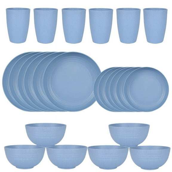 Firefly Hope 24pcs 6 Person Wheat Straw Dinnerware Set, Lightweight Unbreakable Plates & Bowls, Eco-Friendly Plastic Camping Dish Set with Dishwasher Safe Design for Outdoor & Daily Use,Blue