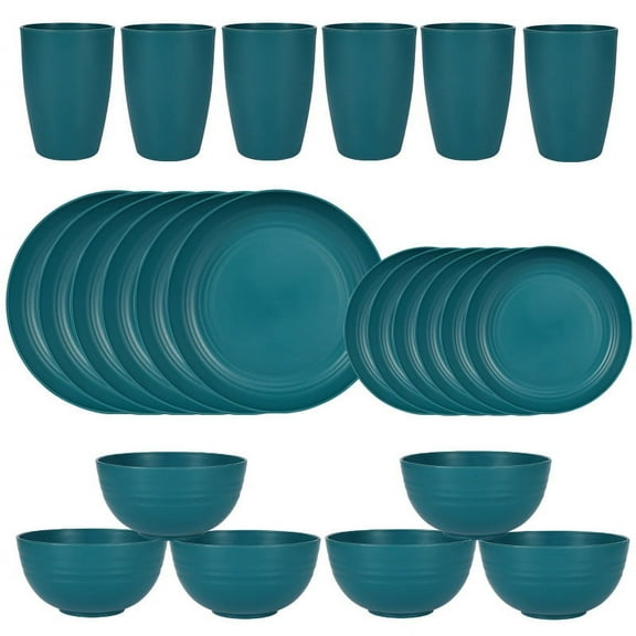 Firefly Hope 24pcs 6 Person Wheat Straw Dinnerware Set, Lightweight Unbreakable Plates & Bowls, Eco-Friendly Plastic Camping Dish Set with Dishwasher Safe Design for Outdoor & Daily Use,Dark Green