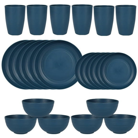 Firefly Hope 24pcs 6 Person Wheat Straw Dinnerware Set, Lightweight Unbreakable Plates & Bowls, Eco-Friendly Plastic Camping Dish Set with Dishwasher Safe Design for Outdoor & Daily Use,Dark Blue