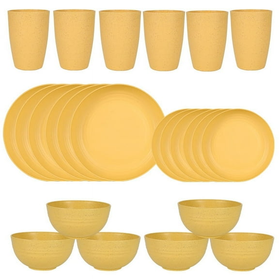 Firefly Hope 24pcs 6 Person Wheat Straw Dinnerware Set, Lightweight Unbreakable Plates & Bowls, Eco-Friendly Plastic Camping Dish Set with Dishwasher Safe Design for Outdoor & Daily Use,Yellow
