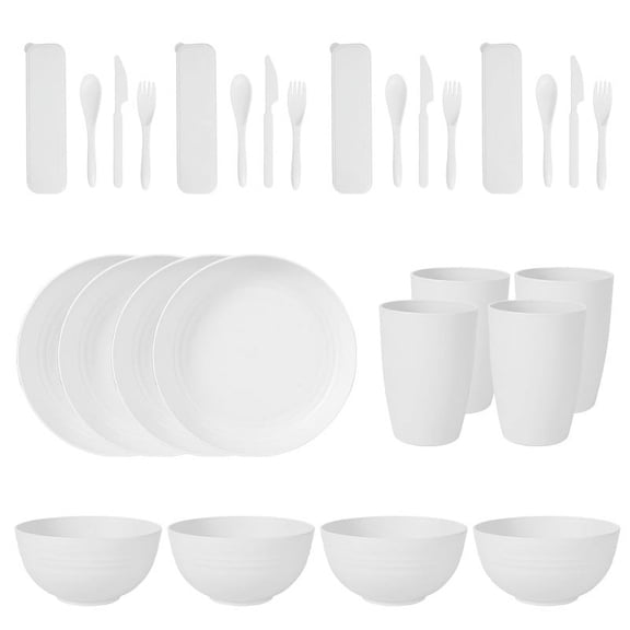 Firefly Hope 28pcs 4 Person Wheat Straw Dinnerware Set, Lightweight Unbreakable Plates, Cups & Bowls, Eco-Friendly Dinnerware with Microwave for Picnics, Dorms & Camping -White