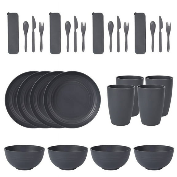 Firefly Hope 28pcs 4 Person Wheat Straw Dinnerware Set, Lightweight Unbreakable Plates, Cups & Bowls, Eco-Friendly Dinnerware with Microwave for Picnics, Dorms & Camping -Dark Grey