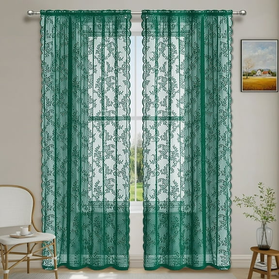 Firefly Hope 2Panel Vintage Floral Lace Sheer Curtains, Rod Pocket Voile Drapes with Textured Design, Light-Filtering for Bedrooms, 29.5"W x 59.1"L, Green