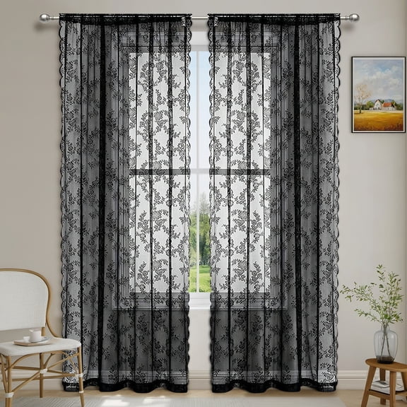 Firefly Hope 2Panel Vintage Floral Lace Sheer Curtains, Rod Pocket Voile Drapes with Textured Design, Light-Filtering for Bedrooms, 39.4"W x 55.1"L, Black