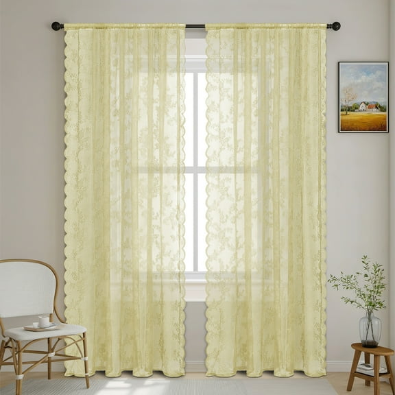 Firefly Hope 2Panel Vintage Floral Lace Sheer Curtains, Rod Pocket Voile Drapes with Textured Design, Light-Filtering for Bedrooms, 59.1"W x 70.9"L, Yellow